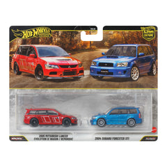 Hot Wheels Premium Car Culture 2-Pack - 2005 Mitsubishi Lancer Evolution IX Wagon / Remorque & 2004 Subaru Forester STI